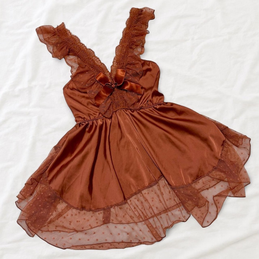 Copper Brown Satin Babydoll Dress Lace Mesh Coquette Festival Top